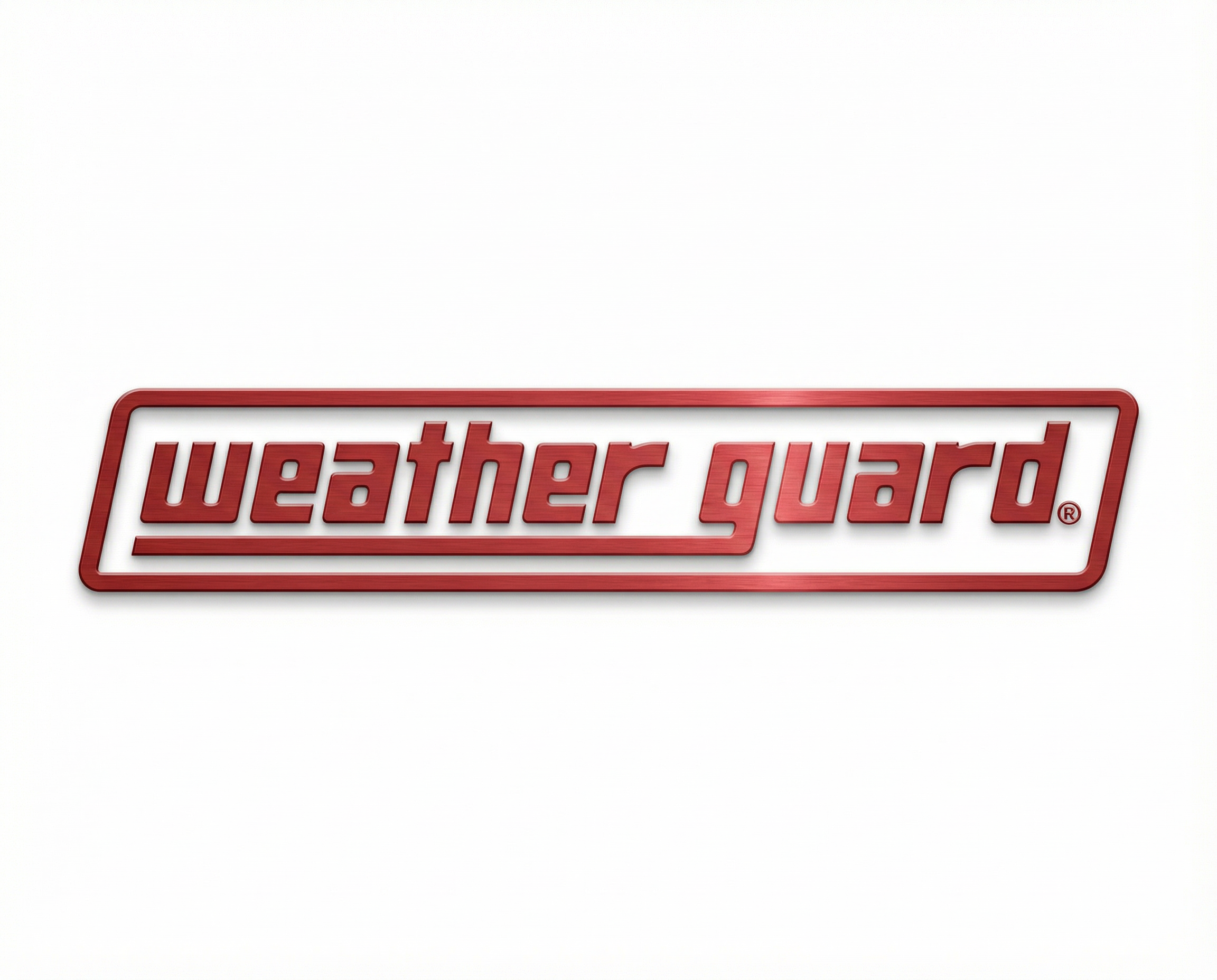 Red brushed-steel Weather Guard logo badge on a clean white background, shown as a metallic emblem. Weather Guard accessories available at Xtreme Car & Truck Accessories in Bridgeville, PA near Pittsburgh