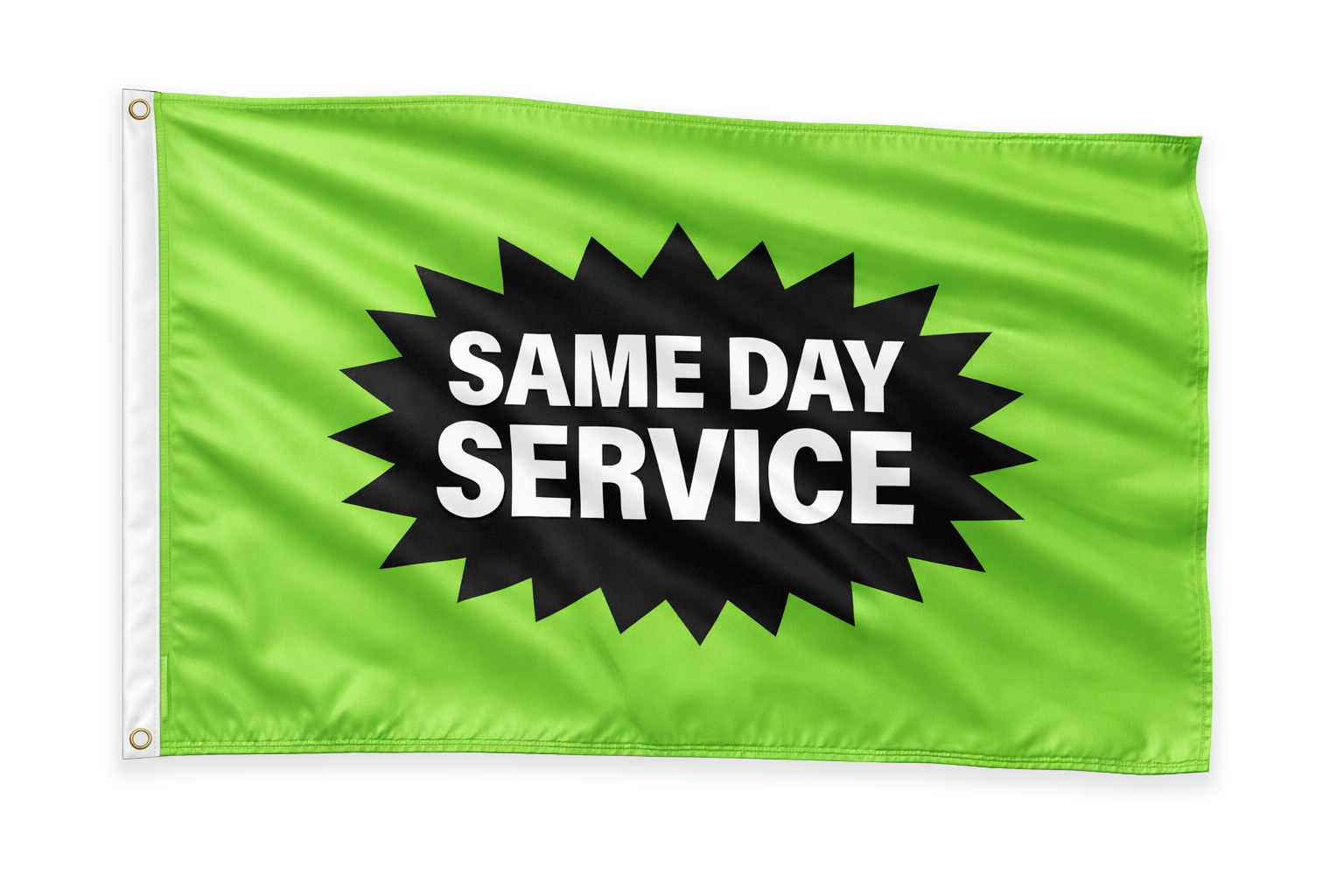 Bright green “Same Day Service” polyester flag with black starburst graphic, shown as a realistic fabric banner with stitched edges for Xtreme Car & Truck Accessories in Bridgeville, PA near Pittsburgh.