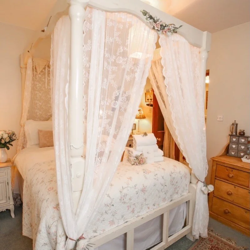 Room 2 is available for Monday 25th &amp; Tuesday 26th May 

Pretty white four poster bed, walk in shower and decked area leading to the courtyard garden 🪴 

Book via our website to save &pound;15 per night. 

☀️