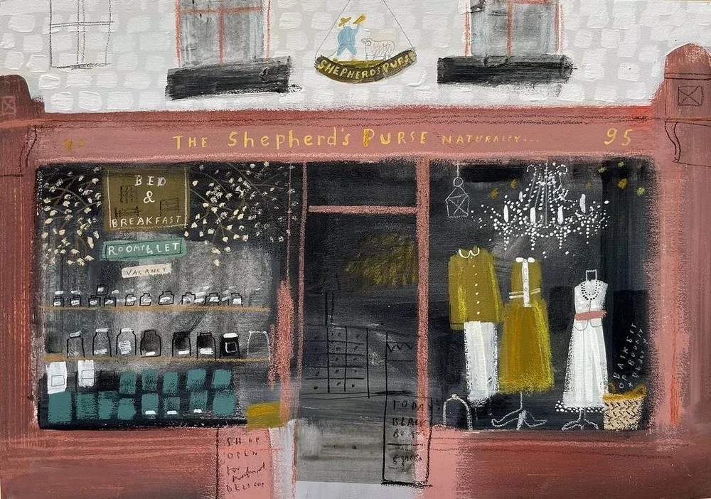 Painted storefront of Shepherd's Purse, a boutique with display window featuring clothing mannequins and chandelier, and shelves with jars and boxes, with signage indicating bed and breakfast services.