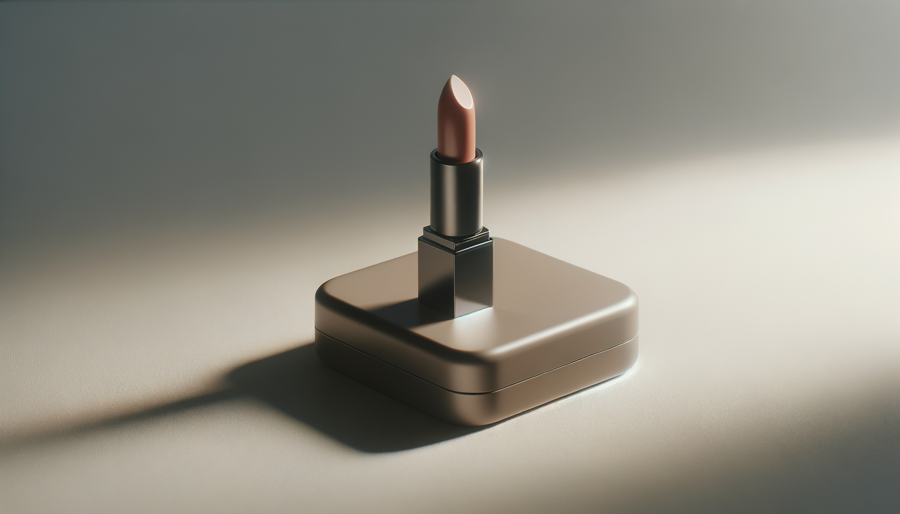 A tube of lipstick in a metallic case placed on a smooth surface with soft lighting.