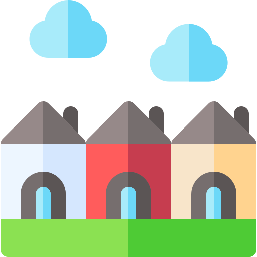 Simplified illustration of three colorful houses with gray roofs, and two clouds in the sky, on a grassy ground.