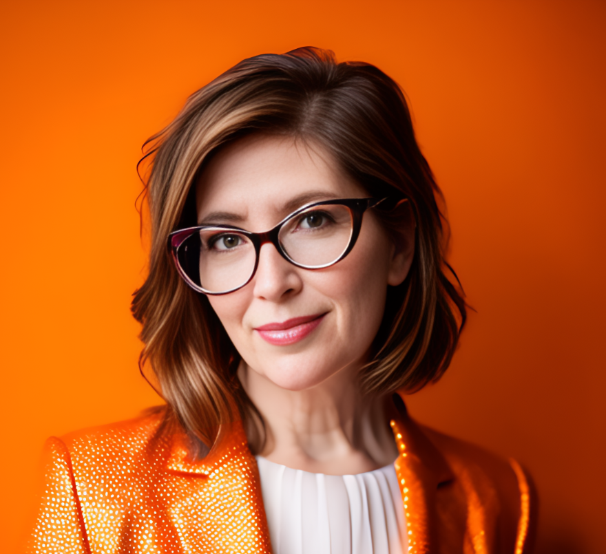 Person with glasses and brown hair wearing an orange jacket in front of an orange background.