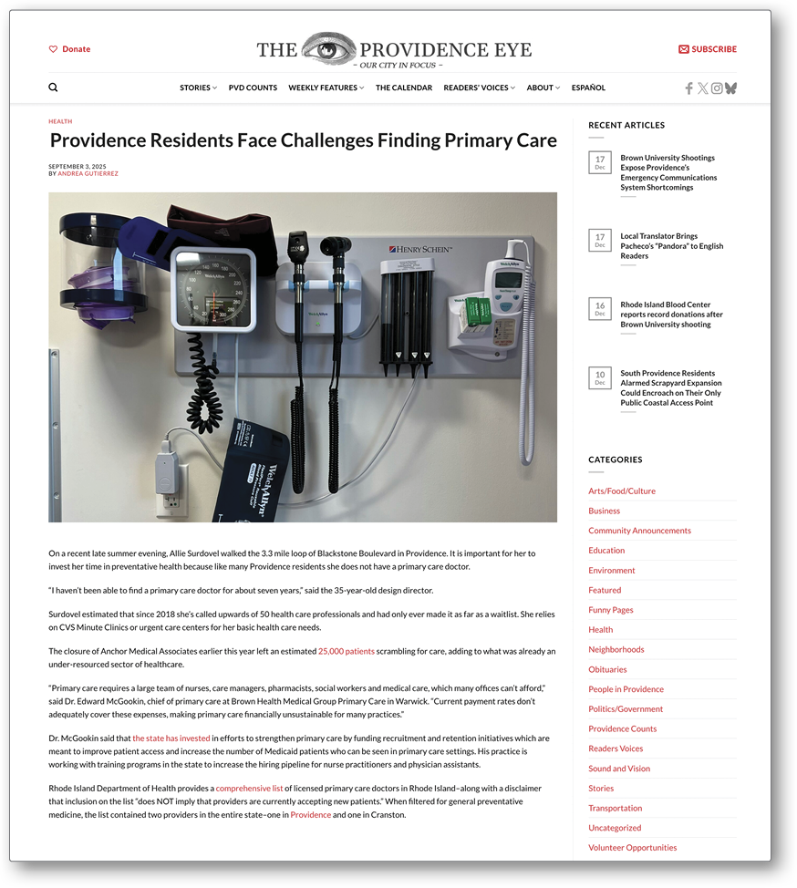 News article about health care in Providence, Rhode Island.
