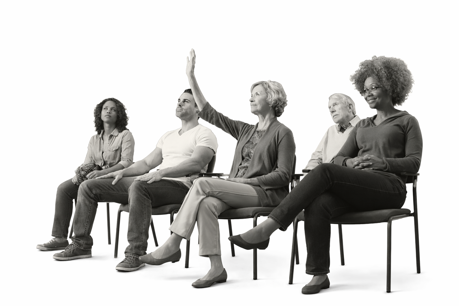 A diverse group of five people sitting in chairs, with one woman raising her hand, set against a plain white background.