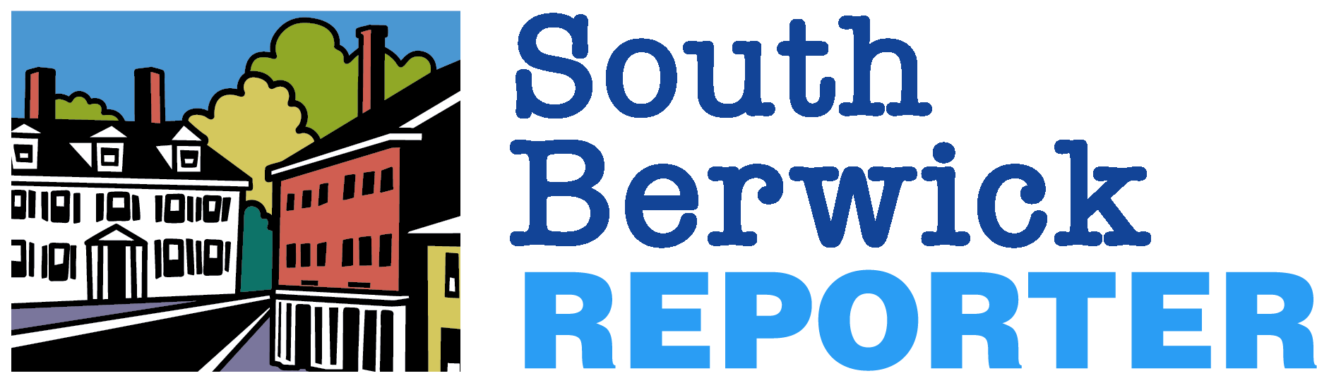 Colorful illustrated logo with buildings and trees, reading 'South Berwick Reporter'.