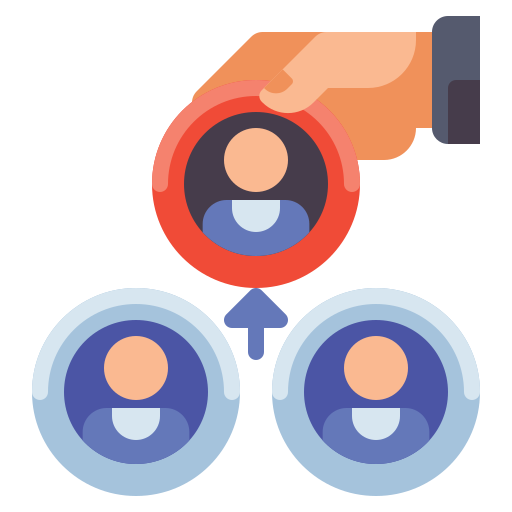 Person holding a badge over two people icons with arrows connecting them.