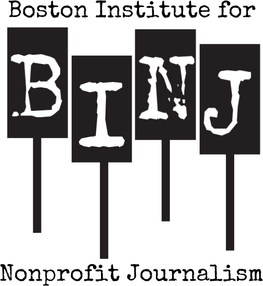 Logo for BINJ, Sign with text 'Boston Institute for Nonprofit Journalism' and large cut-out letters B, I, N, J on individual signs.