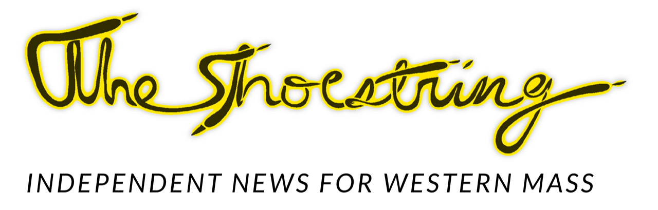 Logo with the text The Shoestring in yellow cursive and black outline, and the subtitle 'Independent news for Western Mass' in black italic font.