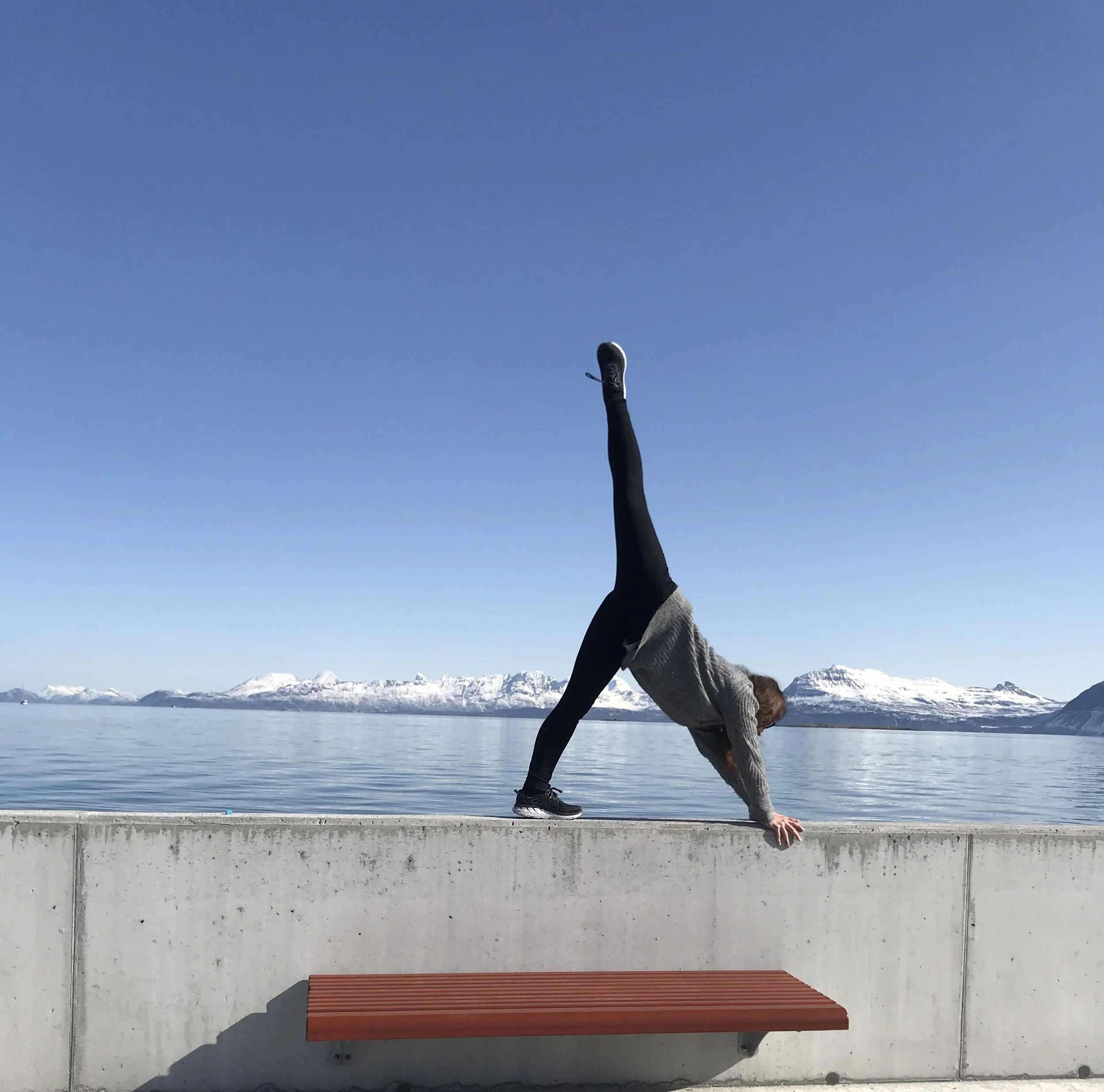 A woman performing a yoga handstand on a concrete ledge overlooking a body of water with snow-capped mountains in the background.