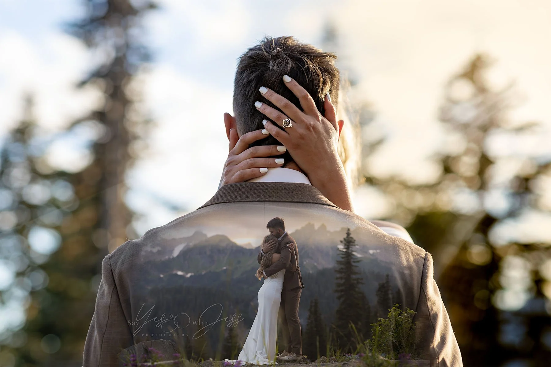 A double exposure edit from an elopement at Mount Rainier National Park at sunset.