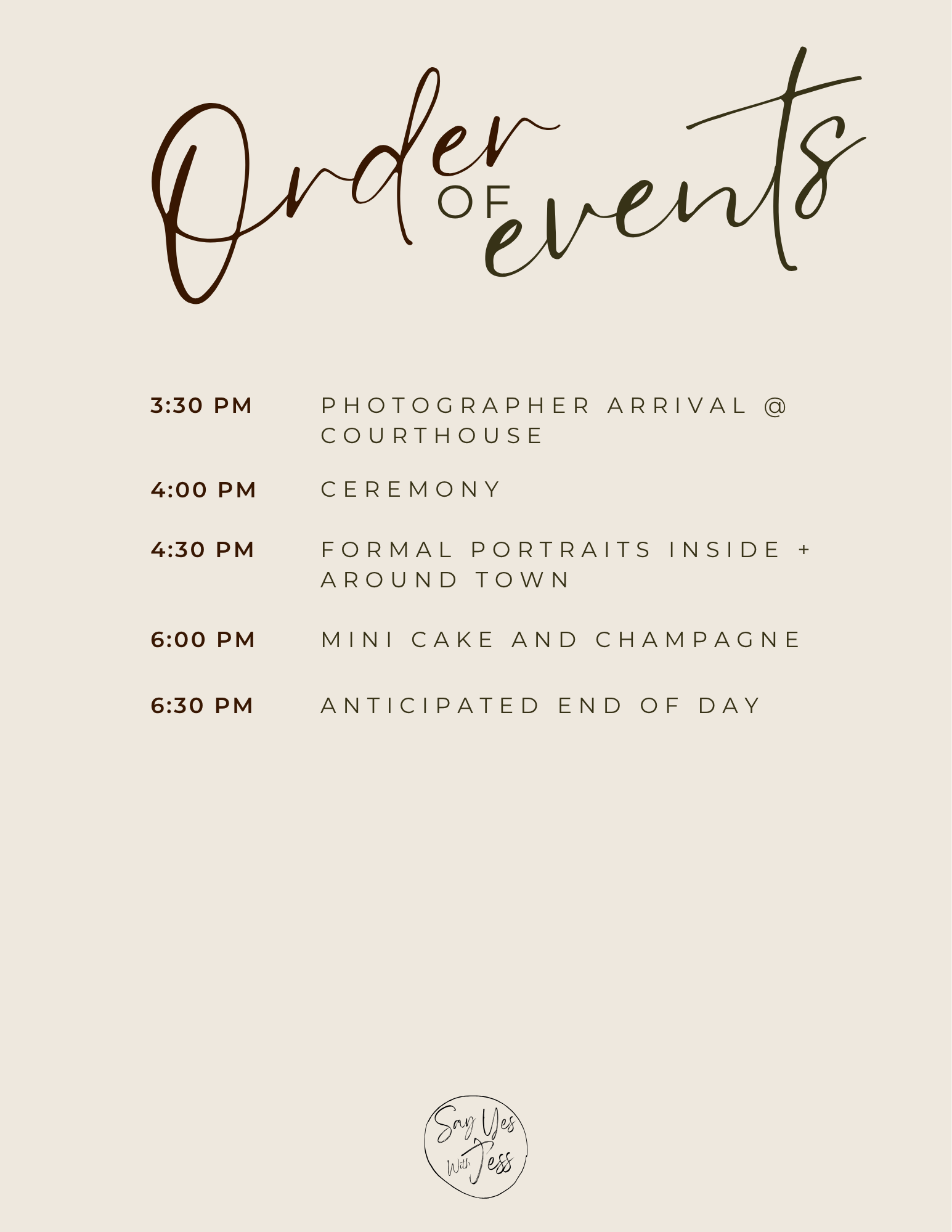 Sample micro wedding timeline Mount Rainie