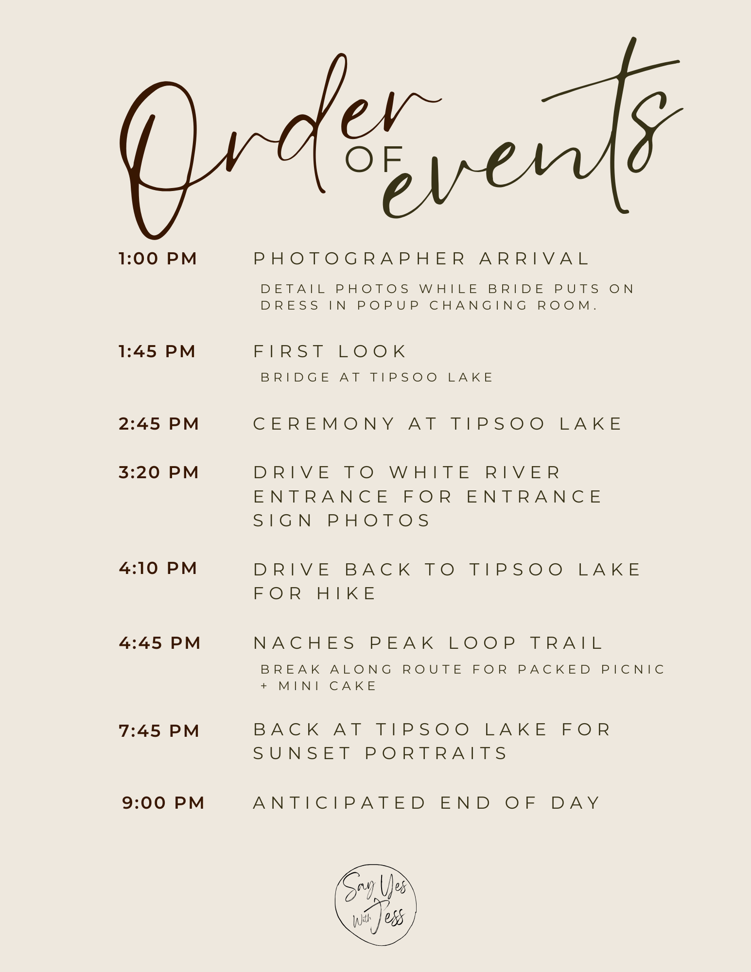 Sample timeline for an 8 hour micro wedding at Mount Rainier