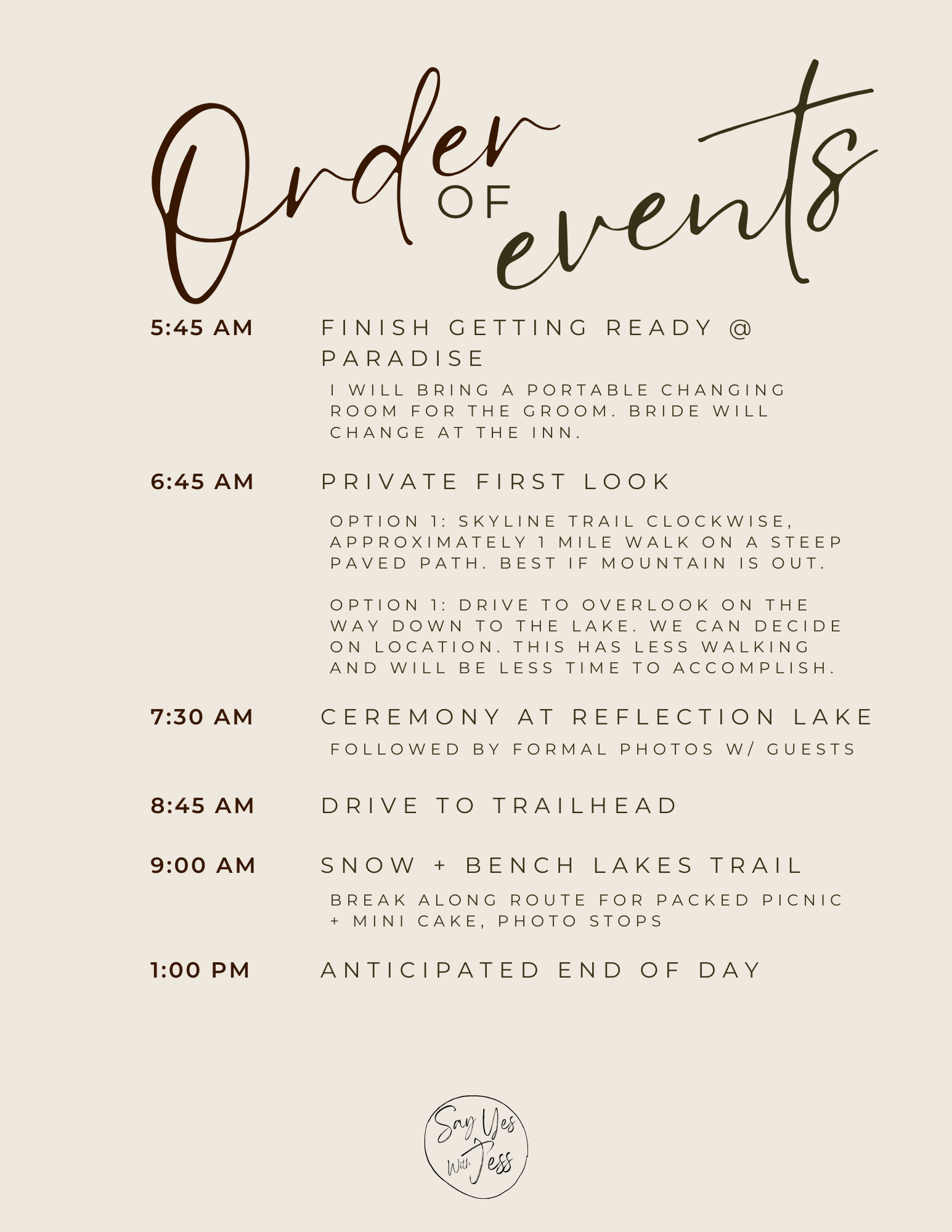 Sample timeline for a 5 hour elopement at Mount Rainier