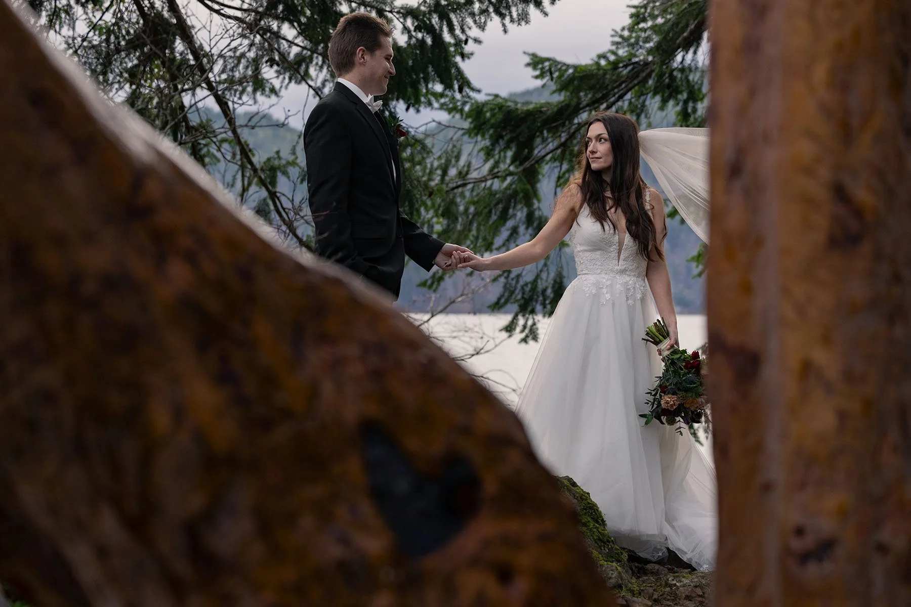 A wedding couple in focus with a tree in the foreground with a natural heart-shaped knot at Olympic National Park