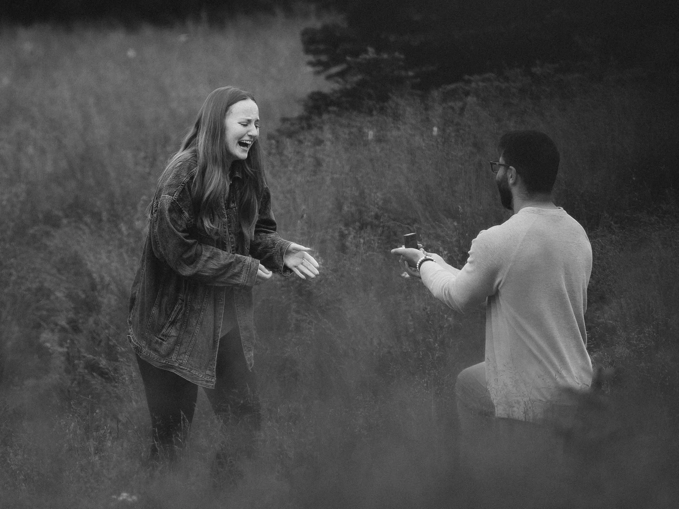 Kasey is overwhelmed with emotion as James kneels and proposes marriage in a meadow at Mount Rainier National Park.
