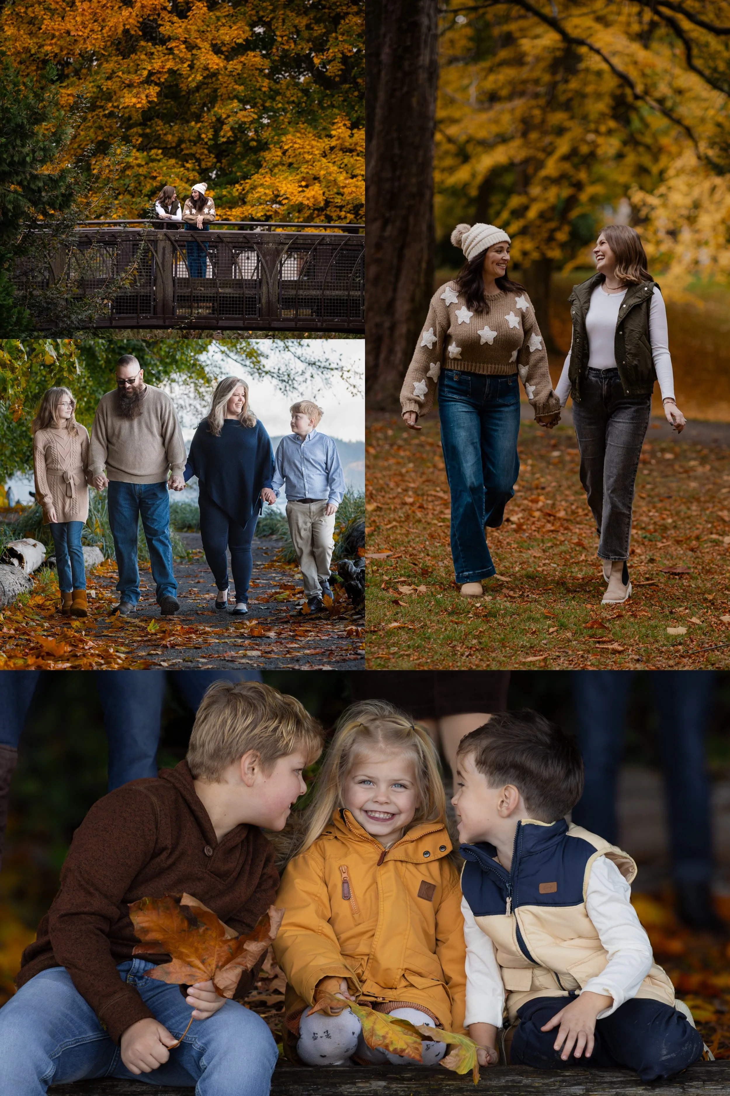 A collage of fall family and couple photography sessions in Tacoma, Washington
