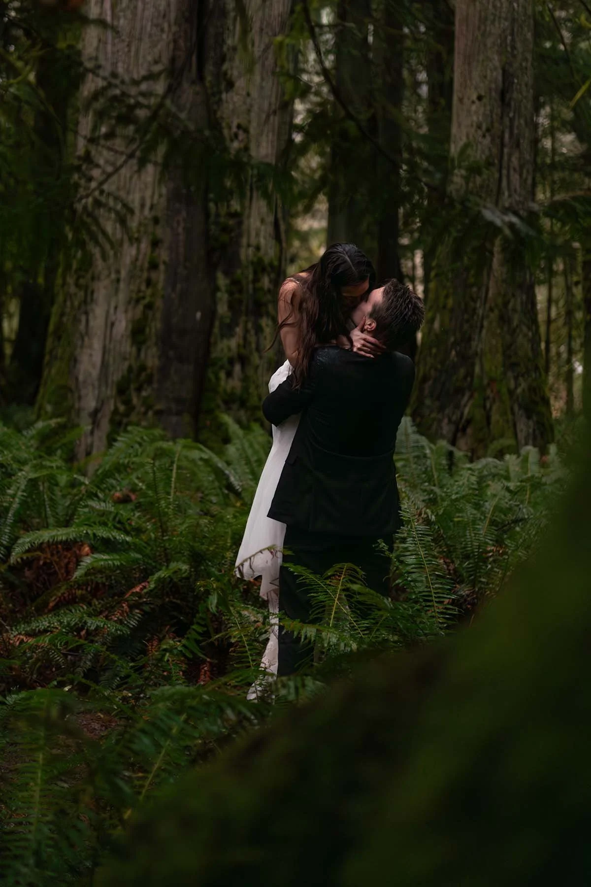 A couple in wedding attire kiss in a mossy, old-growth forest dense with lush green ferns at Bovee's Meadow on Lake Crescent.