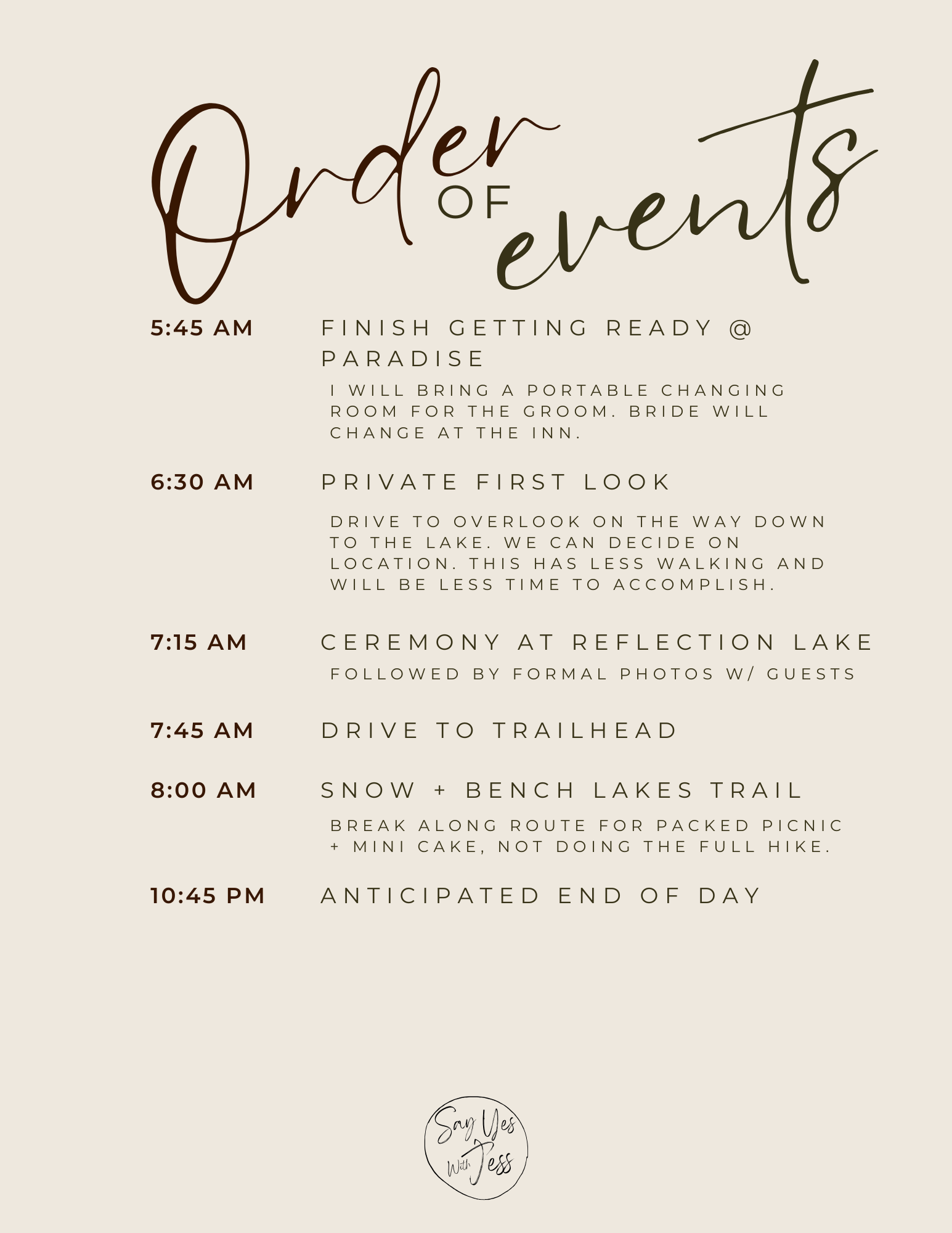 Sample timeline for a 5 hour elopement at Mount Rainier