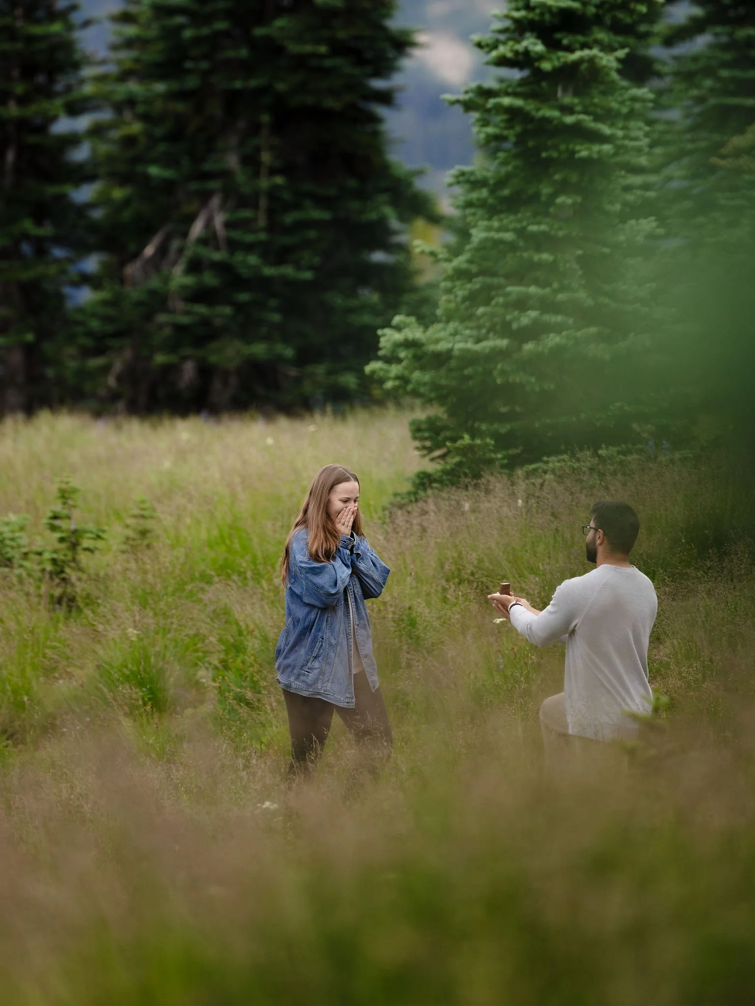 Kasey is overwhelmed with emotion as James kneels and proposes marriage in a meadow at Mount Rainier National Park.