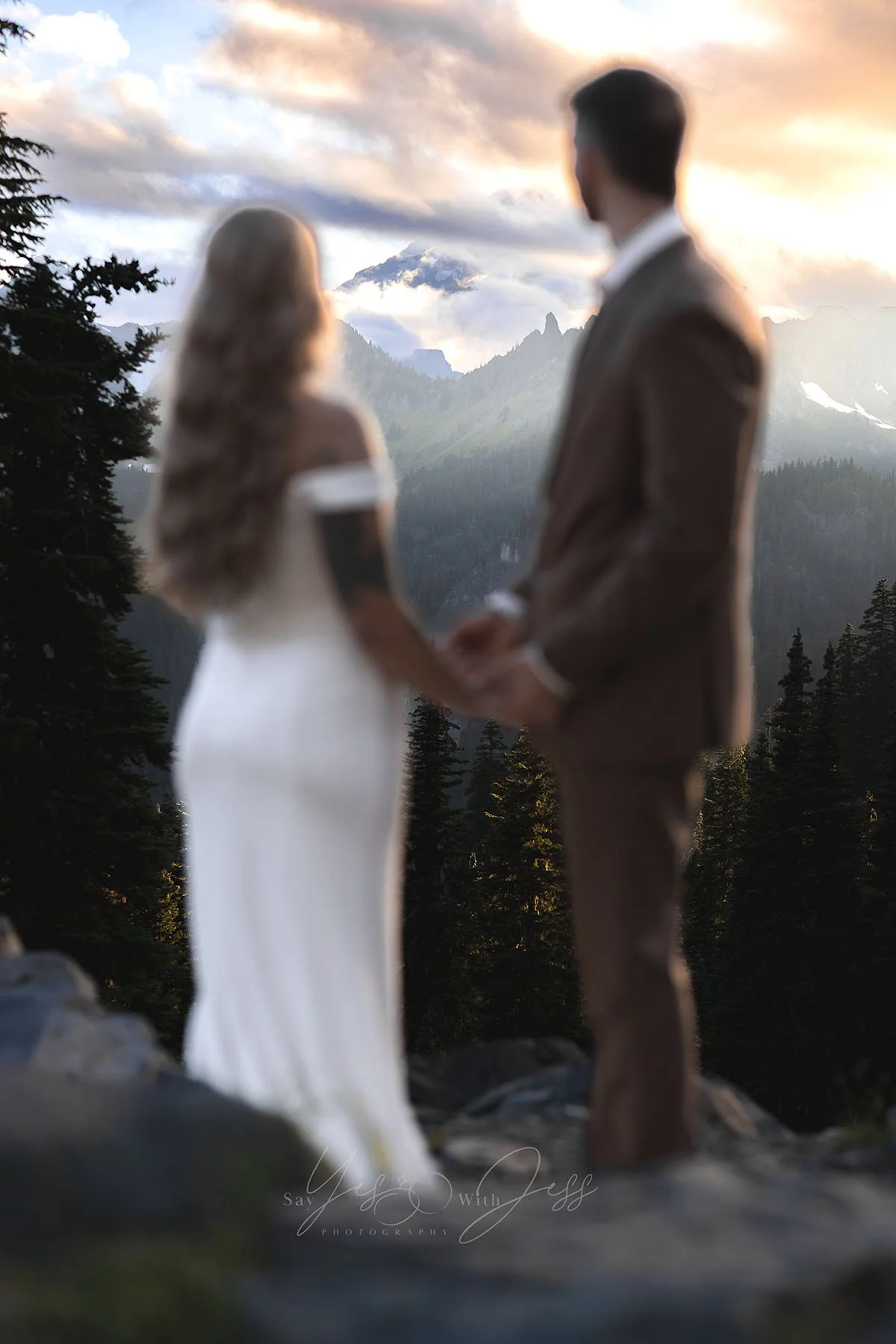 A bride and groom hold hands and watch the sunset over Mount Rainier on their wedding day.