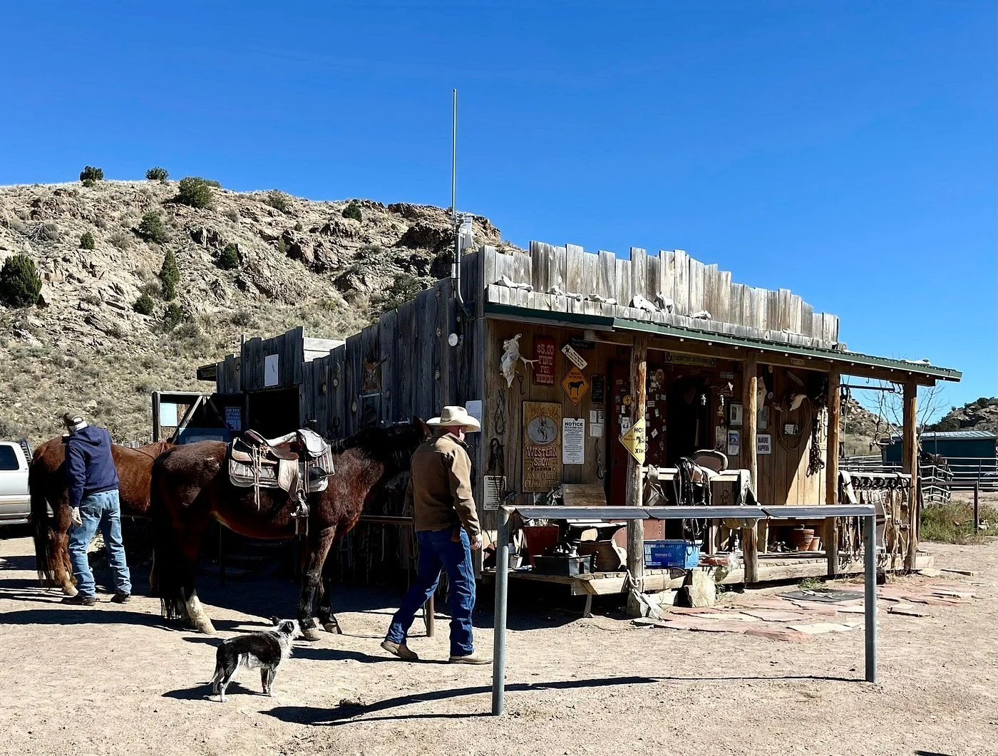 A rustic wooden Western shop with various signs and decorations outdoors. Two men, one tending to a horse and the other walking a dog, are in a rural, mountainous area with sunny weather and blue sky.