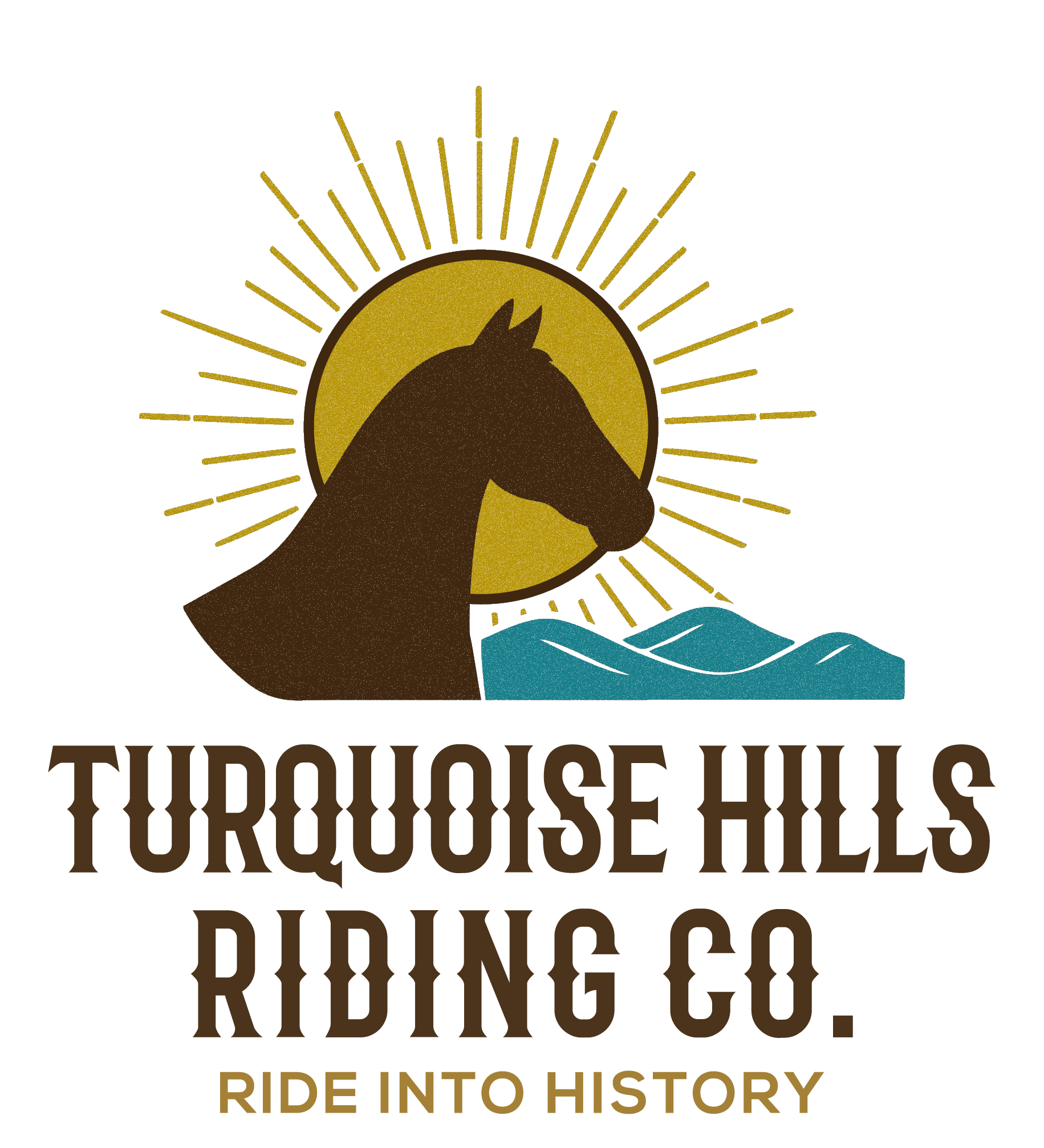 Logo for Turooise Hills Riding Co. featuring a horse's head in front of a yellow sun with rays, waves at the bottom, and text reading 'Turooise Hills Riding Co. Ride into History'.