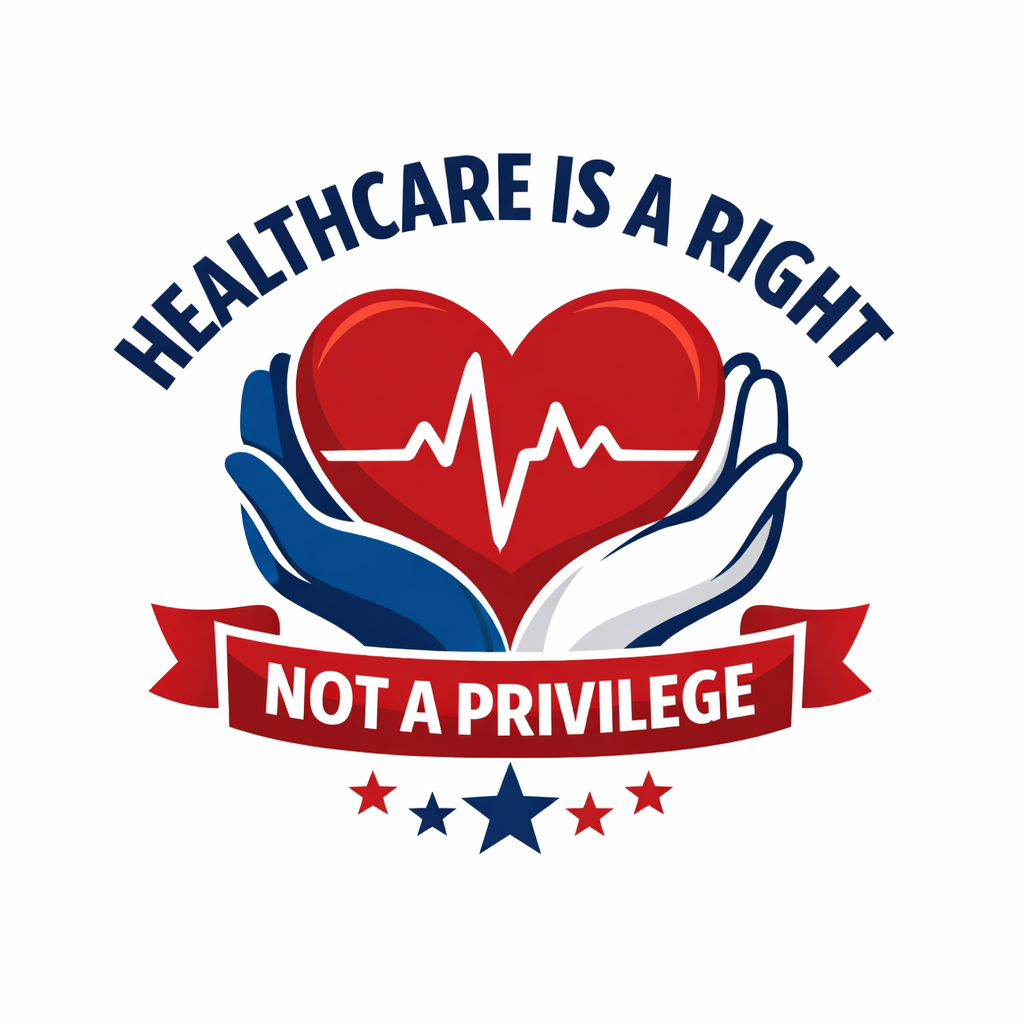 A graphic with a red heart featuring an electrocardiogram line, held by two hands, with the text 'Healthcare is a right, not a privilege,' emphasizing healthcare rights.