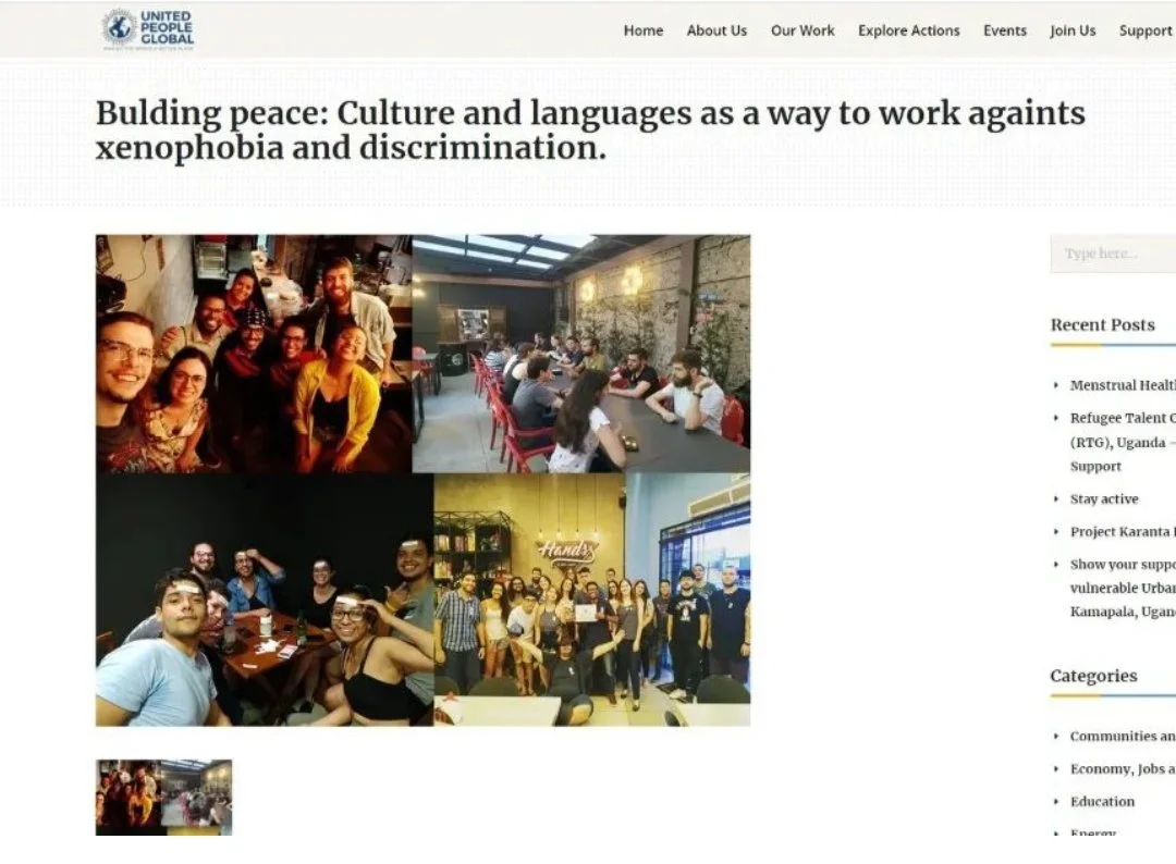 Screenshot of a webpage titled "Building peace: Culture and languages as a way to work against xenophobia and discrimination" from United People Global. The page features four group photos of diverse people in various settings, including indoor and o