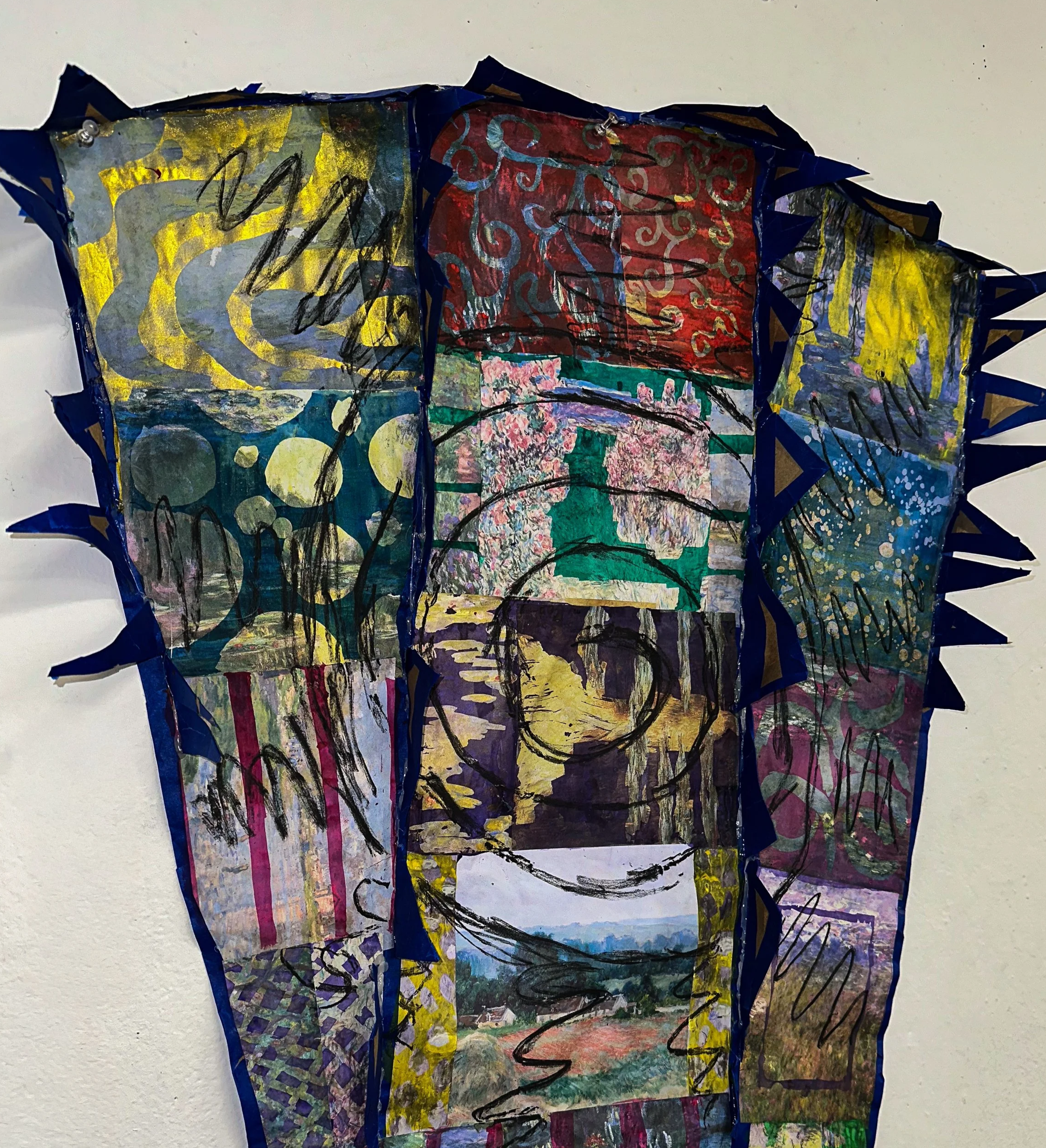 "Garment Pattern (After Monet)", 2025, Paper, Tape, Watercolor, and Charcoal, 32 x 20 in.