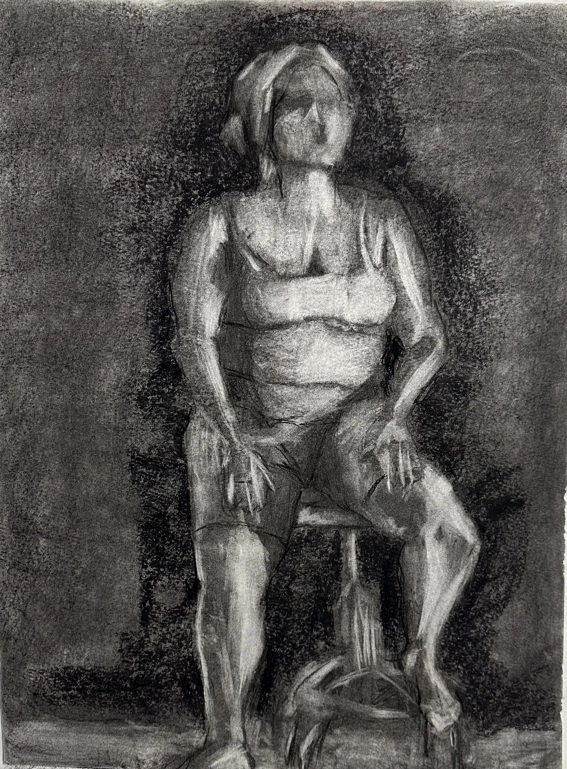 "Held Weight II", 2024, Charcoal on Paper, 24 x 18 in.