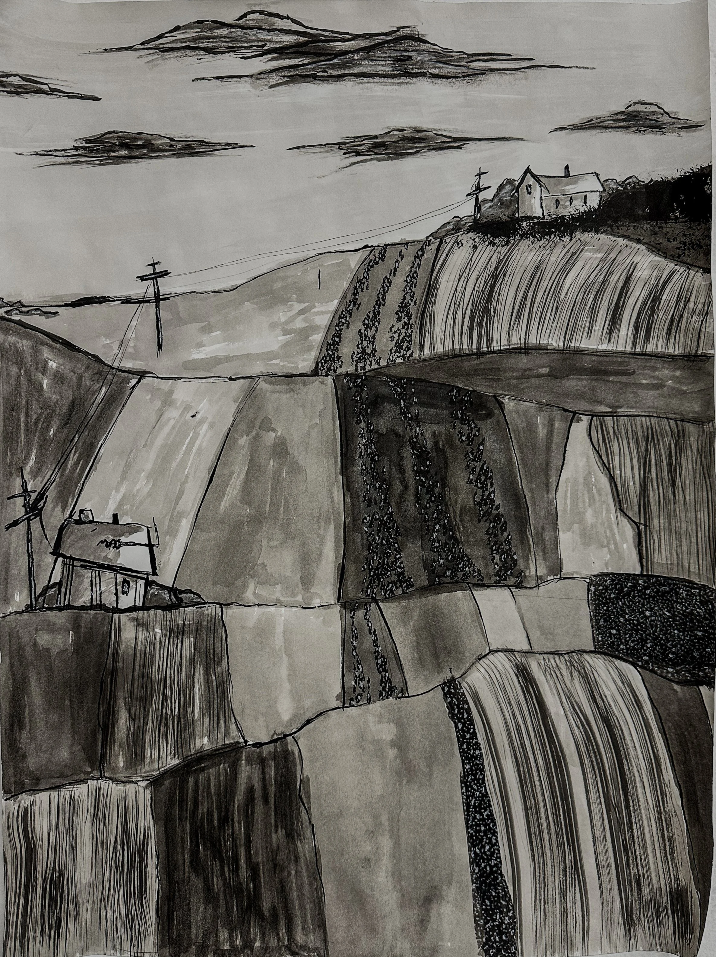 "Grampa's House I", 2025, Ink on Paper, 24 x 18 in.