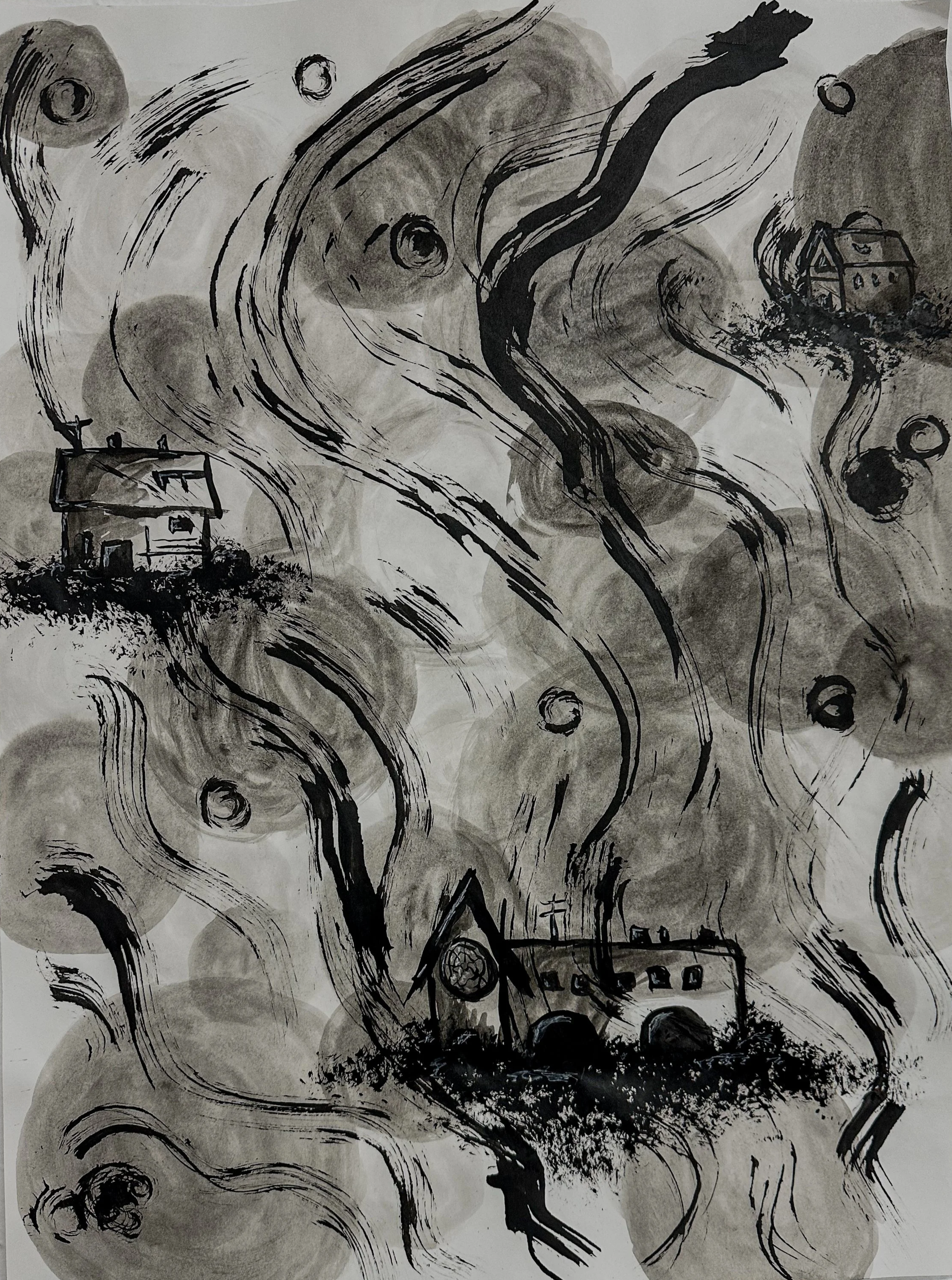 "Grampa's House II", 2025, Ink on Paper, 24 x 18 in.