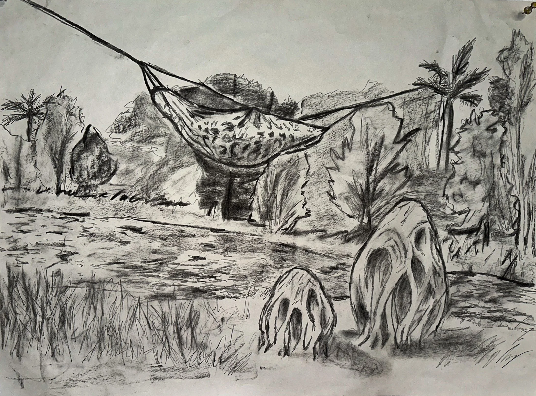 "Nature Preserve Art Installation Rendering", 2025, Charcoal on Paper, 24 x 18 in. 