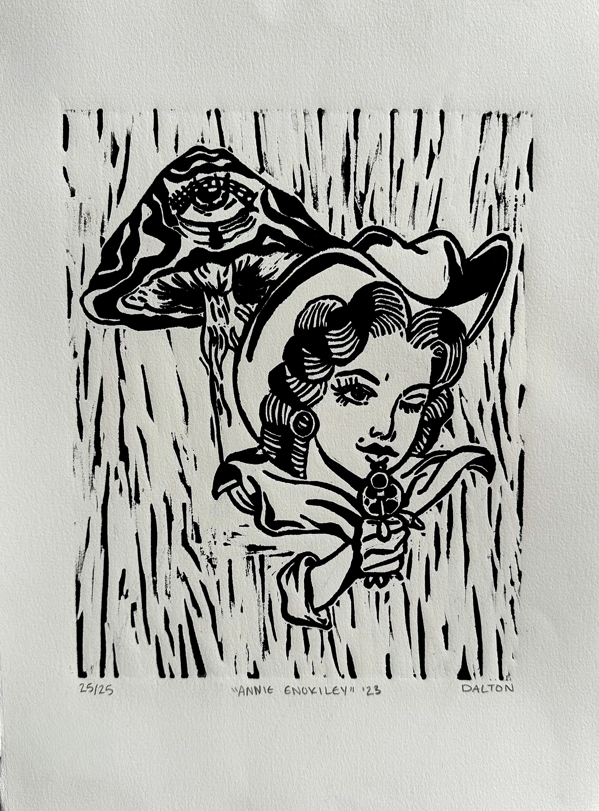 "Annie Enokiley", 2023, Linoleum Print, 15 x 11 in.