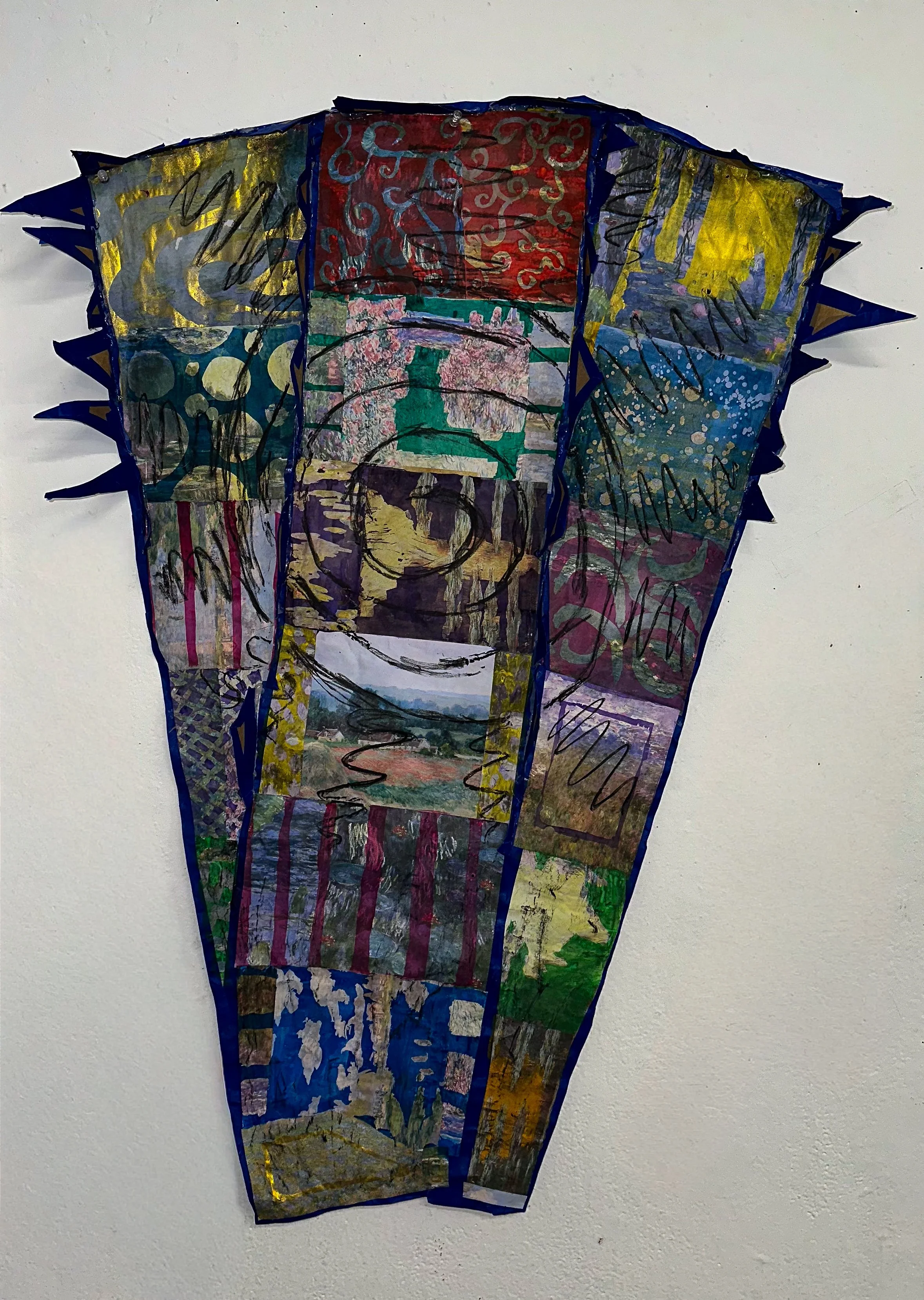 "Garment Pattern (After Monet)", 2025, Paper, Tape, Watercolor, and Charcoal, 32 x 20 in.