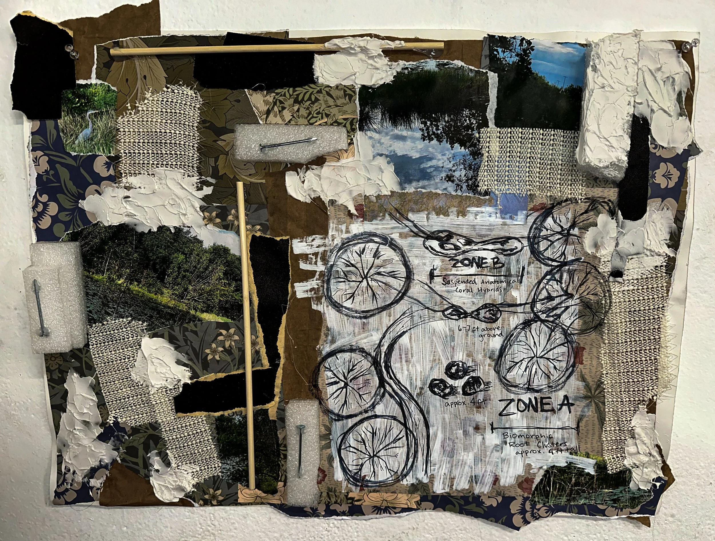 "Nature Preserve Art Installation Materials", 2025, Charcoal, Wood, Ink, Origami Paper, Modeling Paste, Sandpaper, Nails, Styrofoam, and Carpet Liner on Paper, 24 x 18 in. 