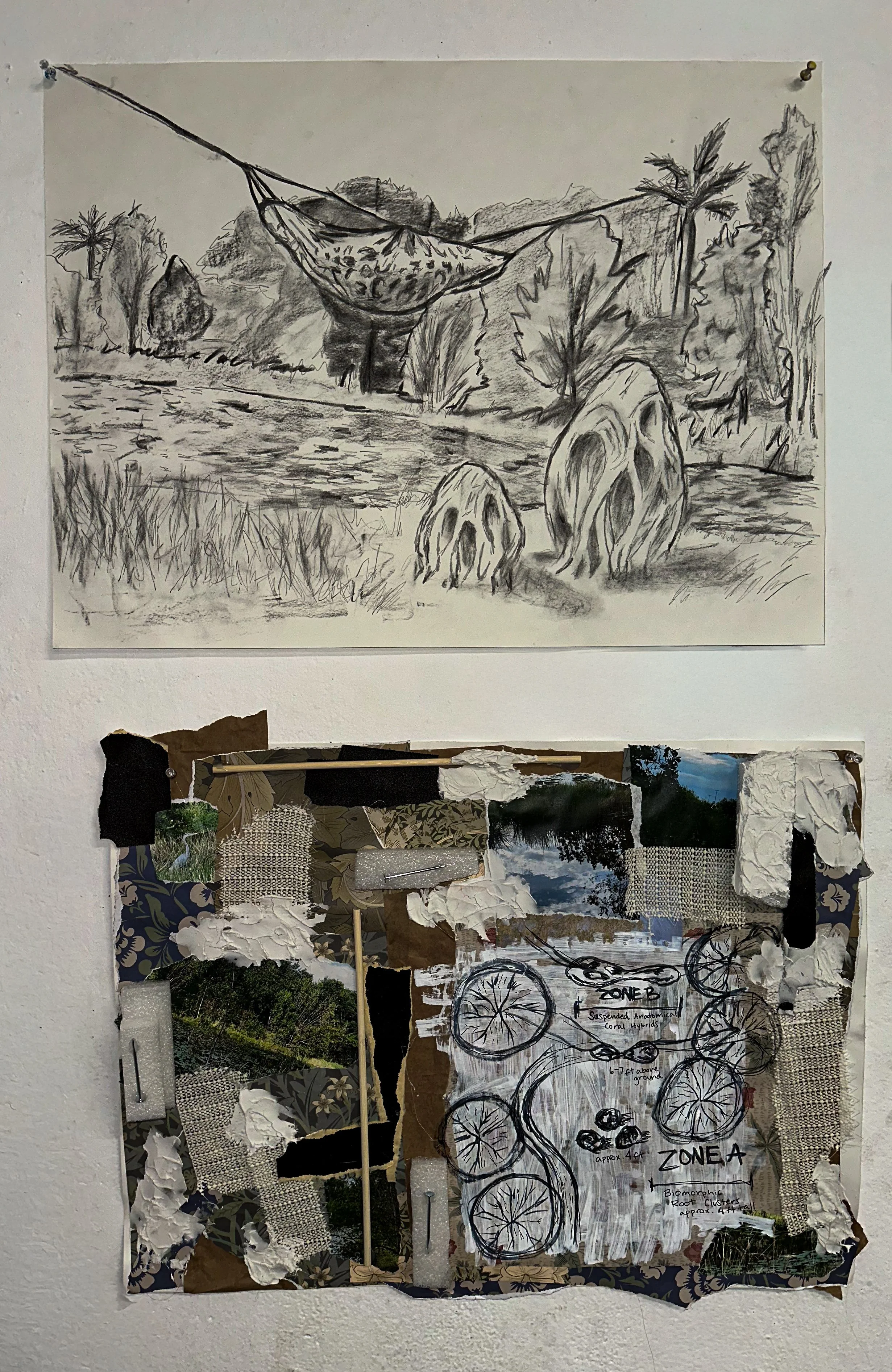 "Nature Preserve Art Installation Plans", 2025, Charcoal, Wood, Ink, Origami Paper, Modeling Paste, Sandpaper, Nails, Styrofoam, and Carpet Liner on Paper, 24 x 18 in. ea. 