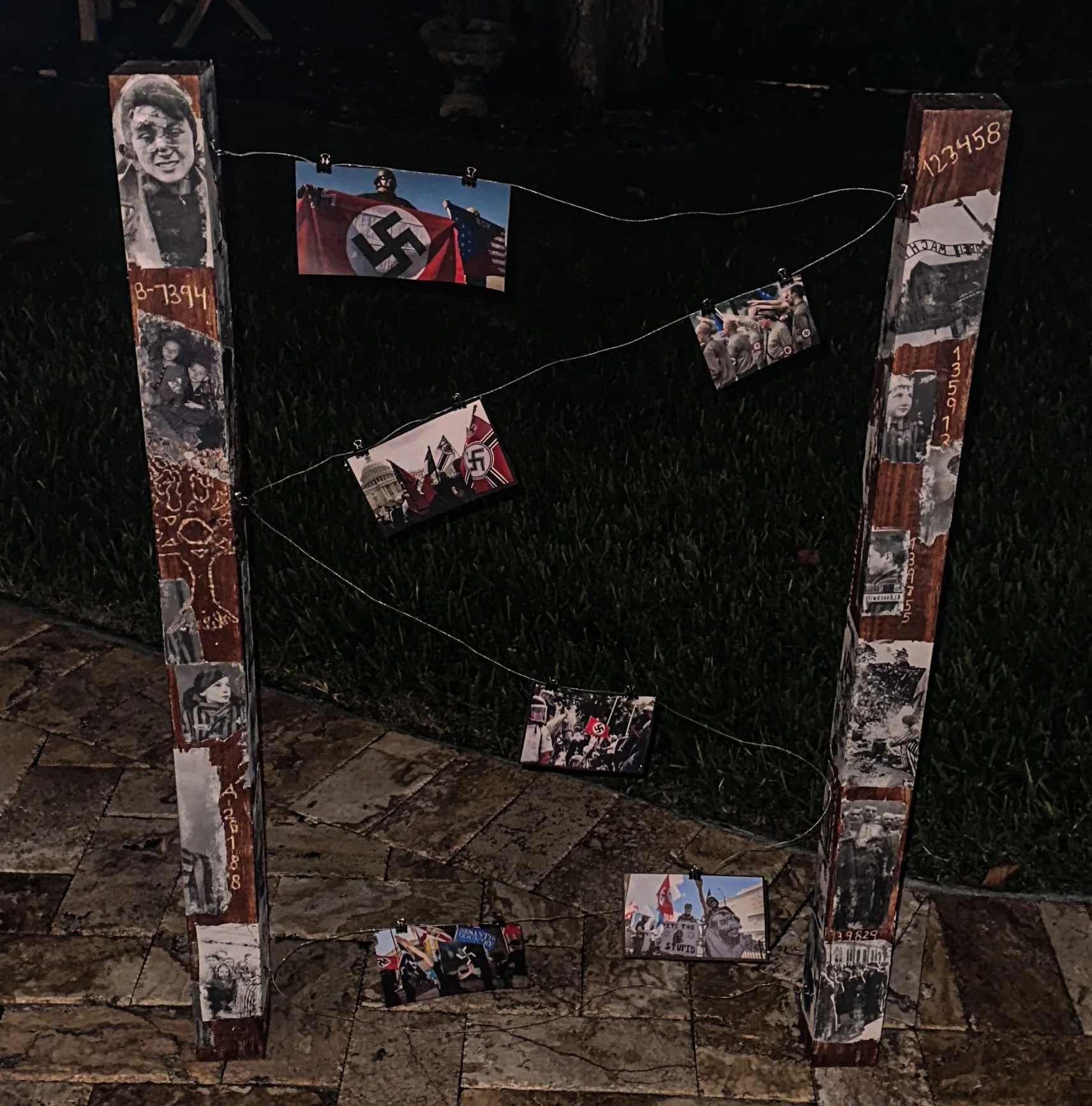 "Fuck Nazis", 2023, Paper Transfer, Wire, Char, and Wood, 48 x 36 x 4 in. – External Link