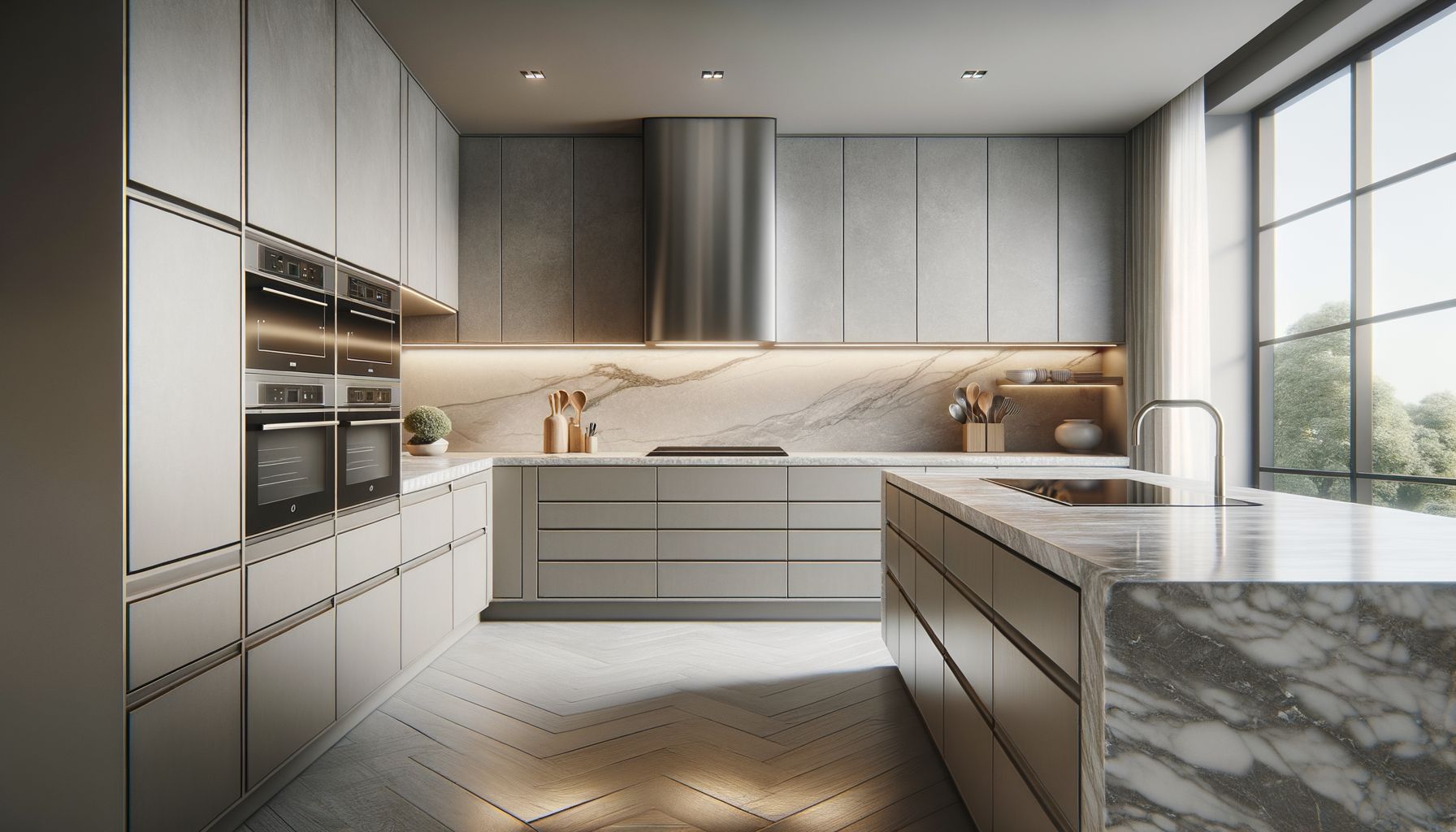 Modern kitchen with light gray cabinets, marble countertops, large window with natural light, and built-in appliances.