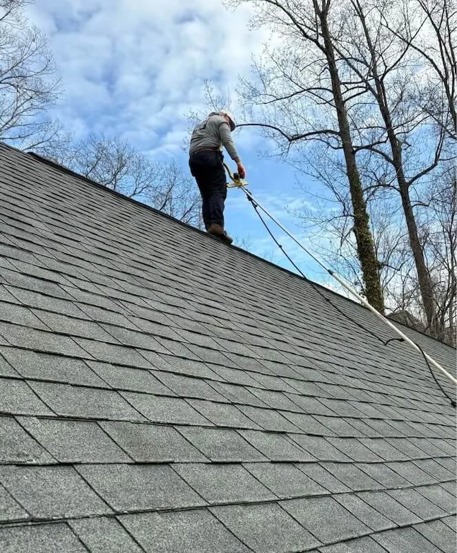 Big League Roofing contractor installing shingles Northeast Georgia