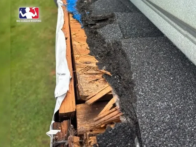 Roof decking and fascia damage near Athens, GA caused by a utility company cable