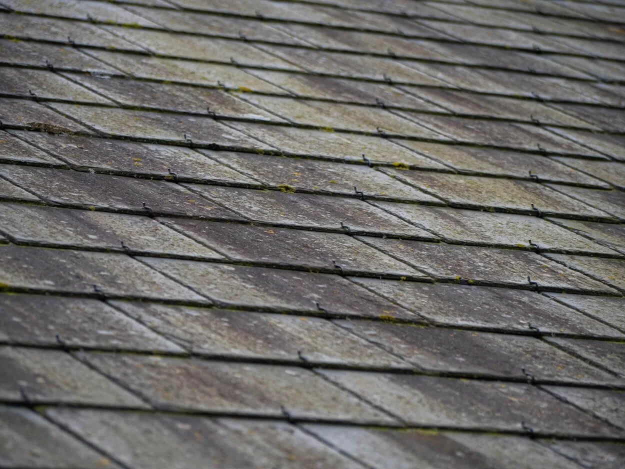 Close-up view of a weathered asphalt shingle roof with patches of moss.