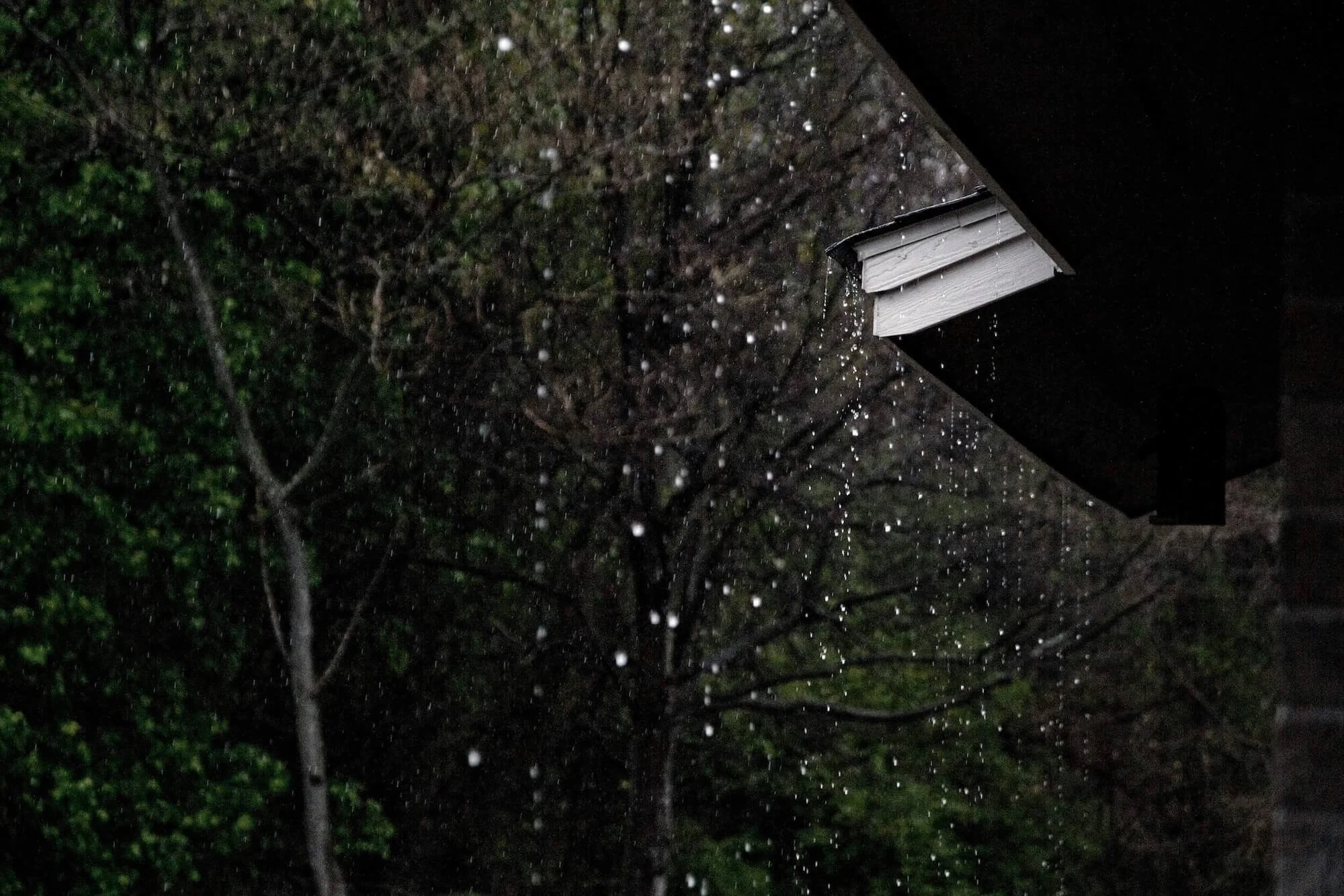 Raindrops falling near the edge of a house's roof, with a background of trees and dark sky at night.