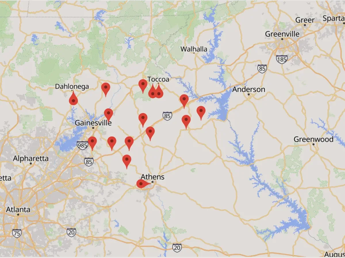 Map of Big League Roofing's Northeast Georgia service area covering 16 cities