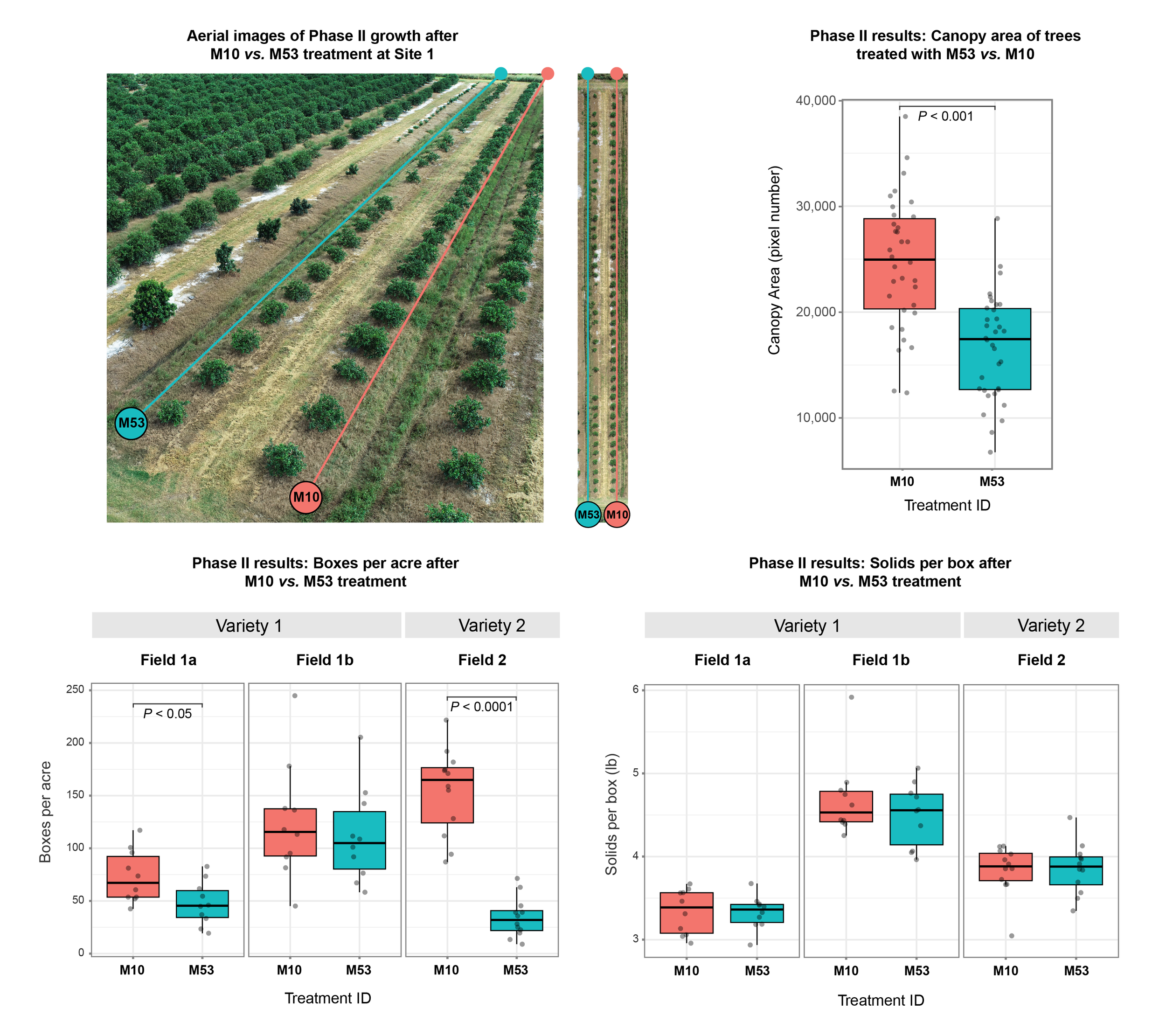 This four-panel figure leverages perspective, intentional labeling, and a simple two-color scheme to tell a story that connects photos of a field site to the dataplots plots showing how diseased trees responded to two different treatments.
NEXT -- 