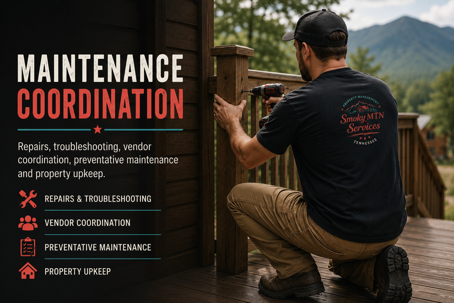 Smoky MTN Cabin Group technician performing cabin maintenance and preventative property care in the Smoky Mountains.