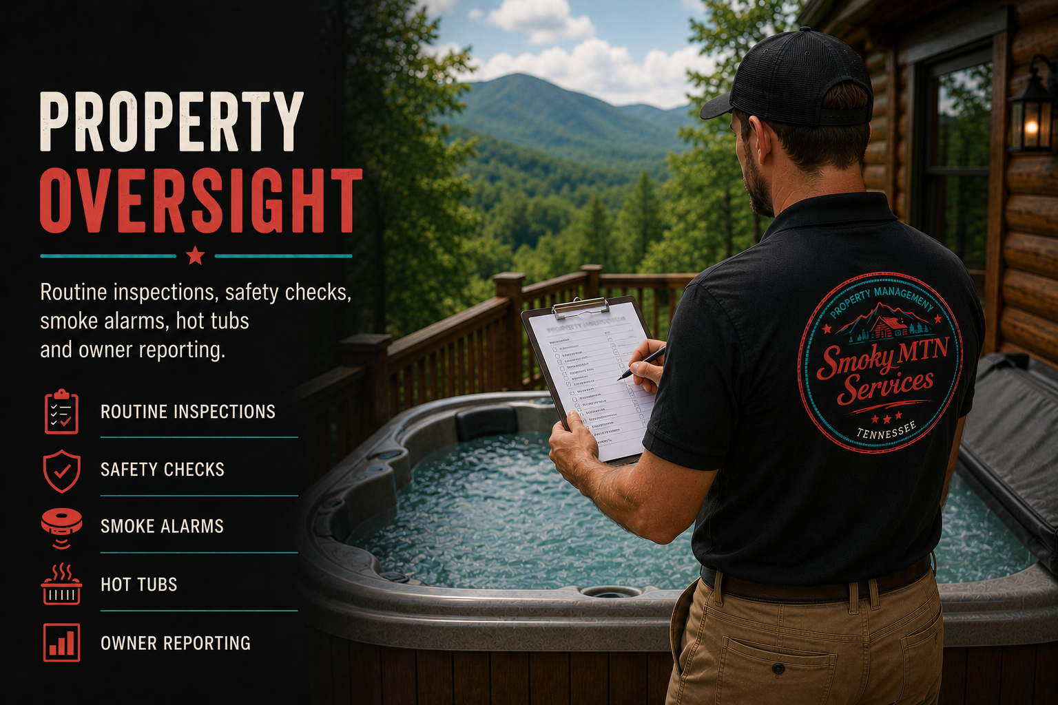 Property inspection services including smoke alarms, hot tubs and safety checks for vacation rentals.