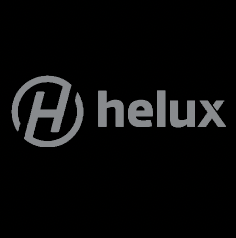 Logo de Helux avec un symbole circulaire contenant un 'H' stylisé, en gris clair sur fond noir