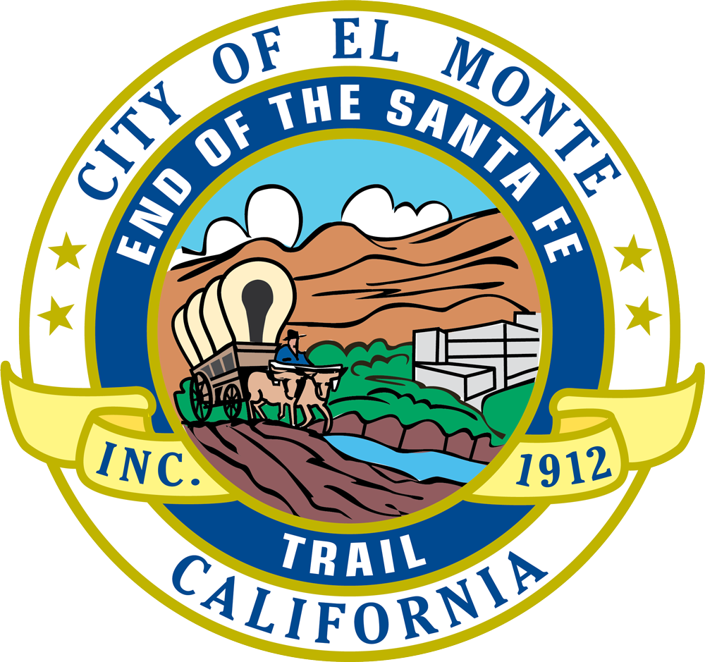Seal of the City of El Monte, California, featuring a stagecoach, mountains, a river, and buildings, with the text "City of El Monte and the Santa Fe Trail, Inc. 1912."